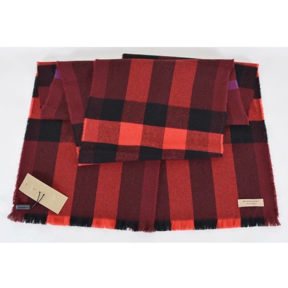 Burberry Wool Cashmere Giant Exploded Nova Check Lash Fringe Scarf Claret - Picture 2 of 8